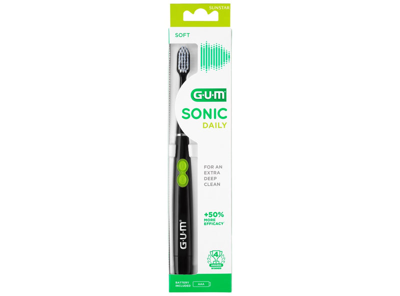 G.U.M SONIC DAILY BATTERY TOOTHBRUSH SOFT, COMPACT BLACK/WHITE/SENSITIVE (WHITE-PINK)