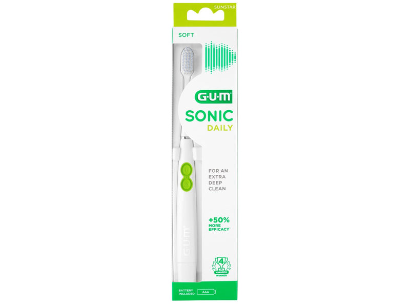 G.U.M SONIC DAILY BATTERY TOOTHBRUSH SOFT, COMPACT BLACK/WHITE/SENSITIVE (WHITE-PINK)