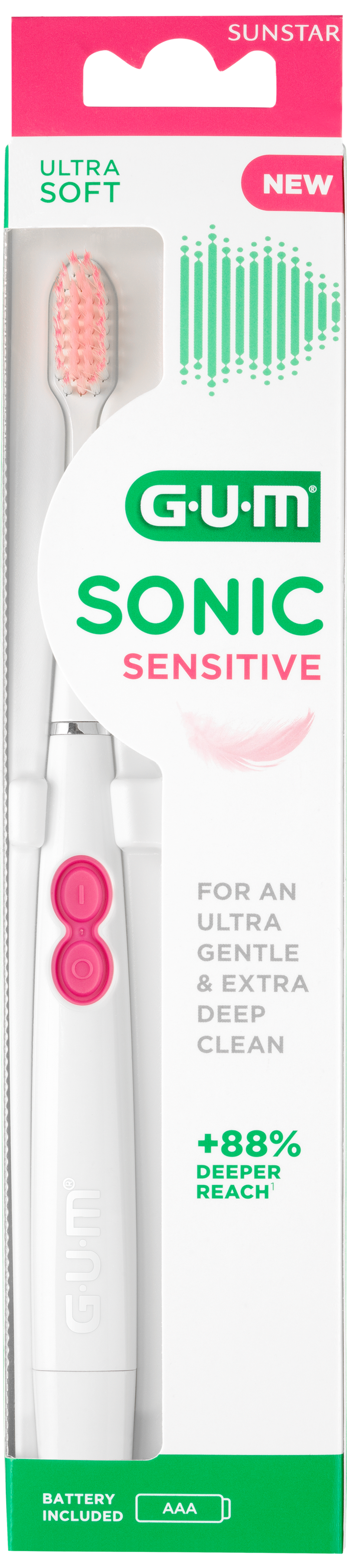 G.U.M SONIC DAILY BATTERY TOOTHBRUSH SOFT, COMPACT BLACK/WHITE/SENSITIVE (WHITE-PINK)