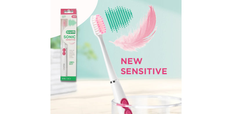 G.U.M SONIC DAILY BATTERY TOOTHBRUSH SOFT, COMPACT BLACK/WHITE/SENSITIVE (WHITE-PINK)